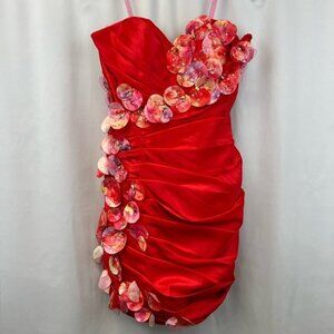 Blush Prom Alexia Mini Dress Women's 6 Red Floral Embellished Pintuck Sexy New